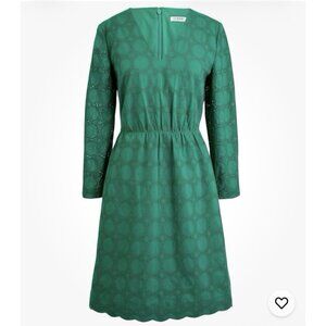 J Crew Emerald Green Eyelet Dress Women 8 100% Cotton Long Sleeve V-neck $89